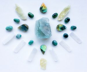 Blue Fluorite, Labradorite, Hiddenite, Emerald and Selenite