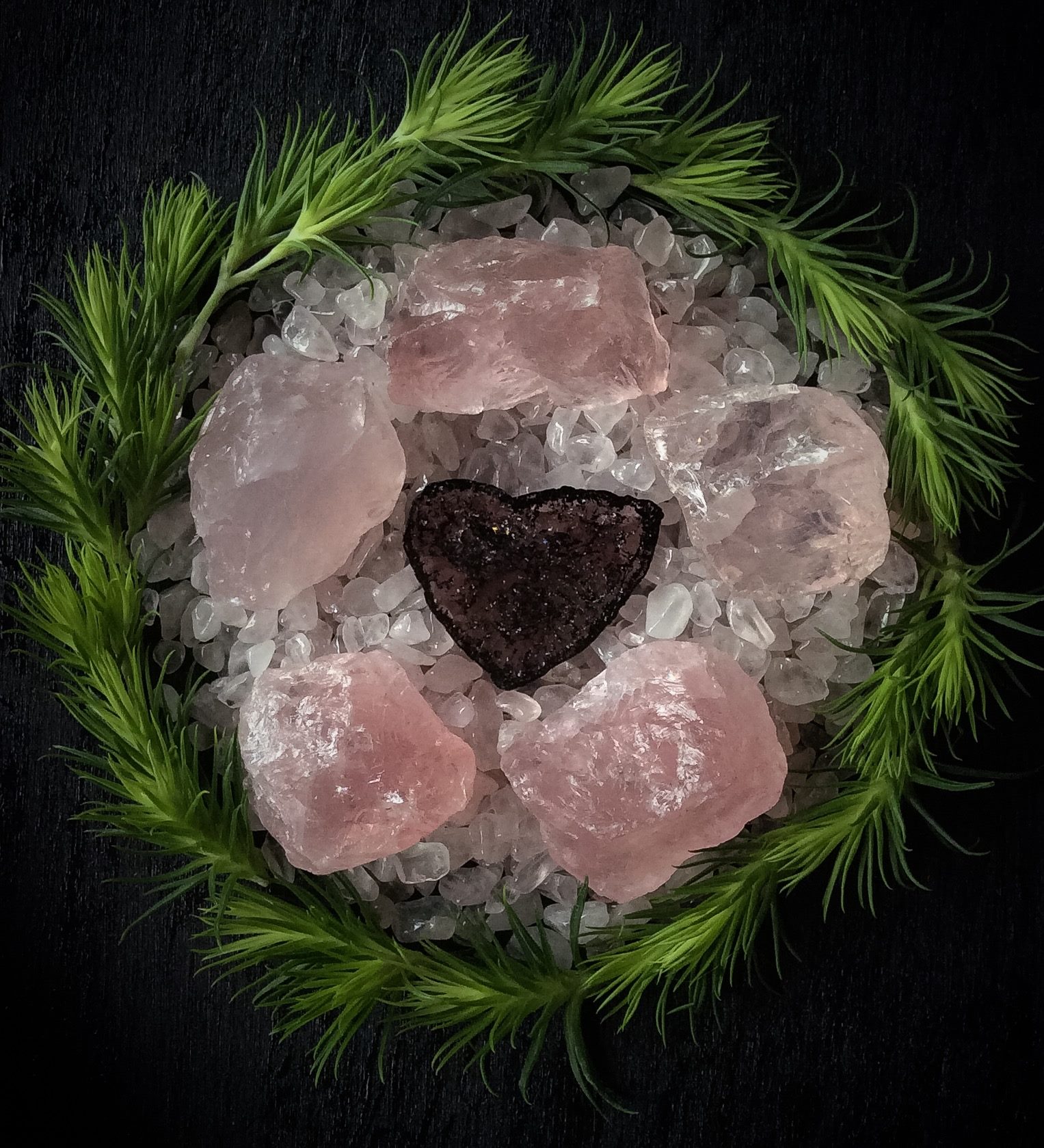 Rose Quartz, Natural Heart-shaped Tourmaline and Carnation petals