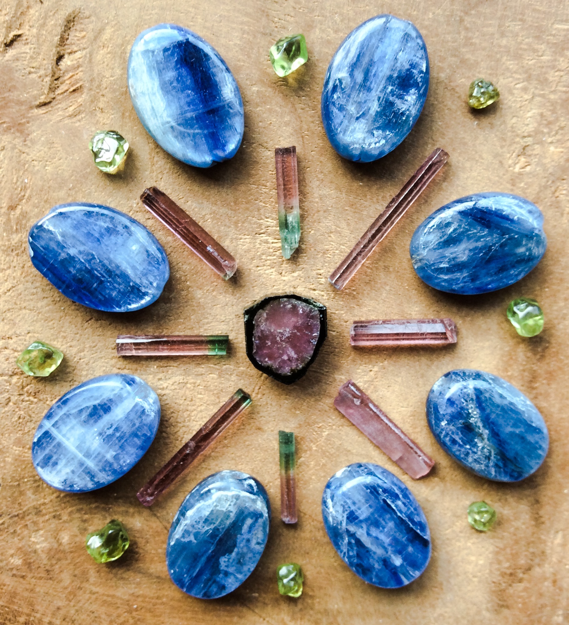 Watermelon Tourmaline, Bi-color Tourmaline, Kyanite and Peridot Crystal Grid
