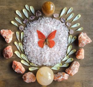Golden Healer Quartz, Rose Quartz, Orange Calcite, Dahlia petals and Appias Zarinda