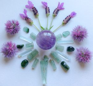 Amethyst, Aquamarine, Verdelite, Chive flowers and Lavender