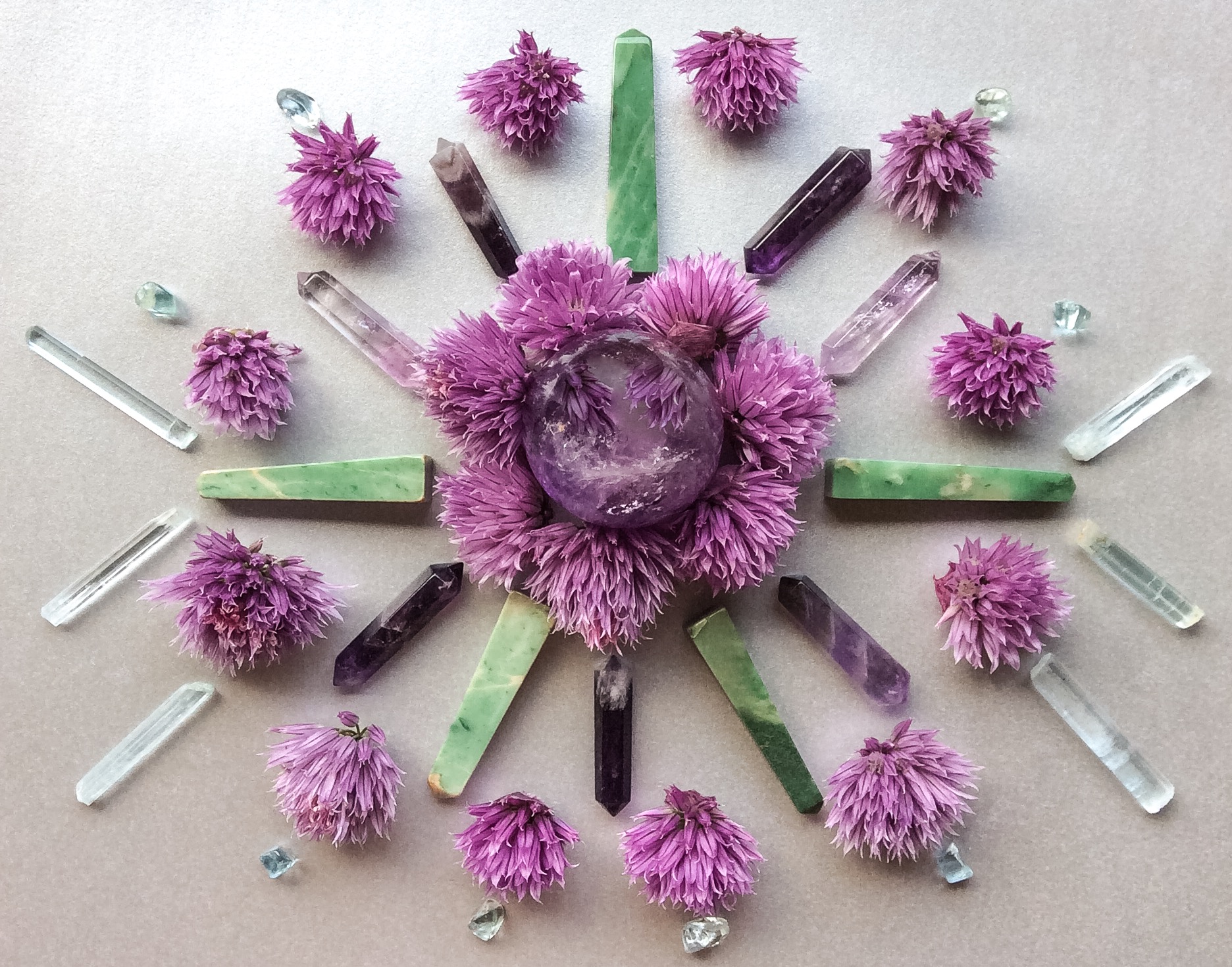 Amethyst, Chrysoprase, Aquamarine and Chive flowers
