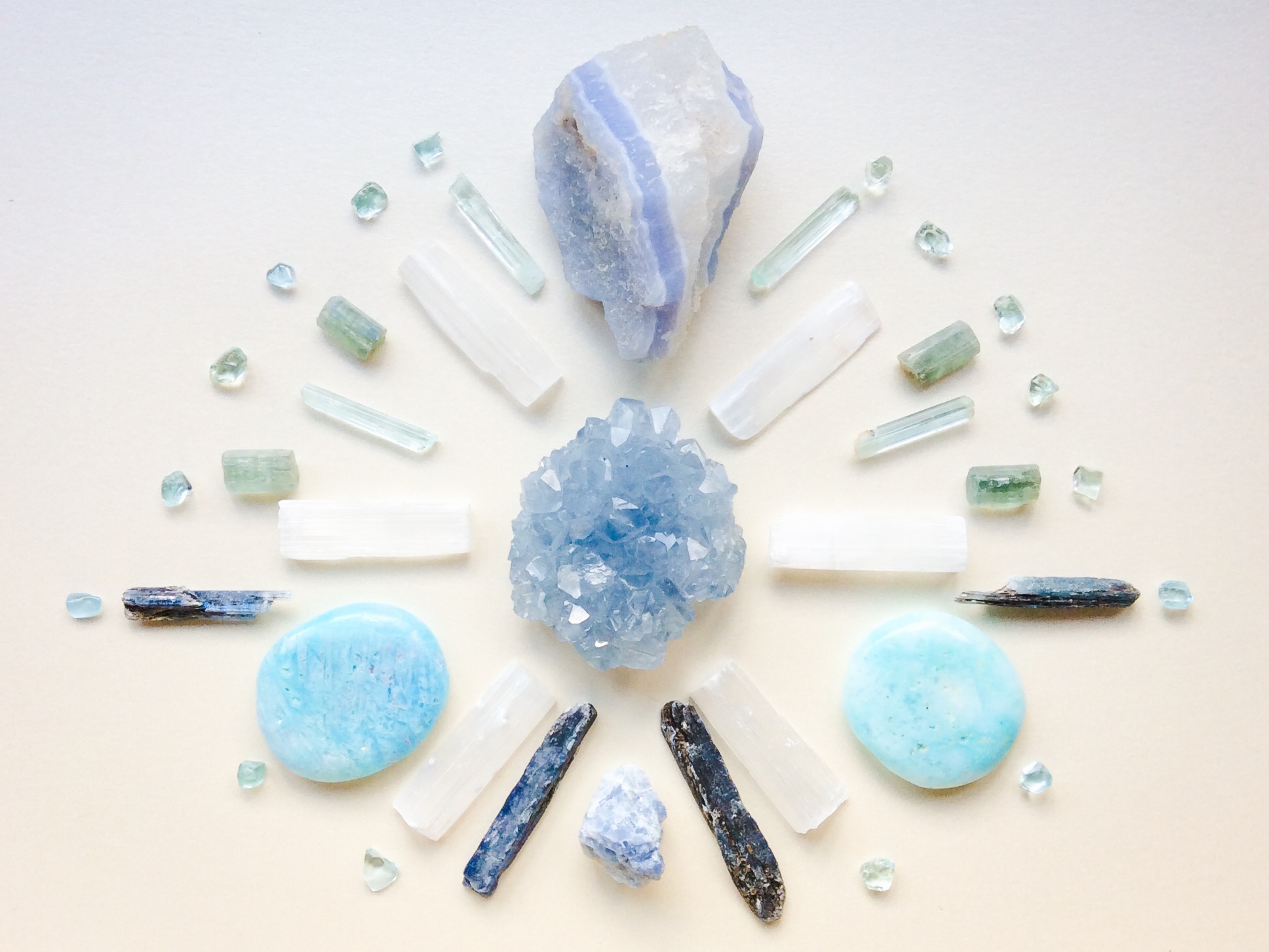Blue Lace Agate, Celestine, Selenite, Kyanite, Aquamarine, Blue Calcite and Blue Aragonite