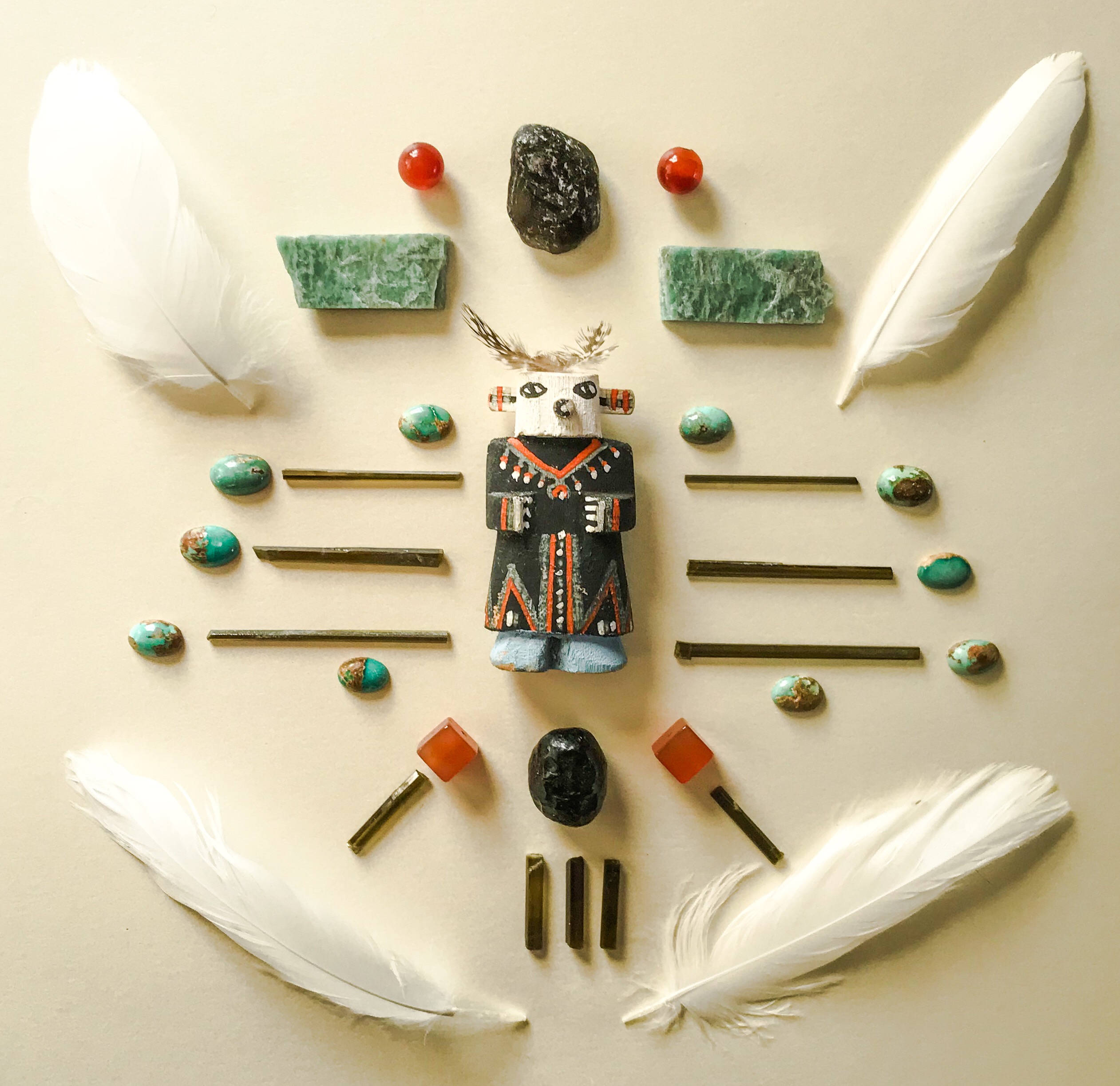 Dravite, Turquoise, Apache Tear, Carnelian, Apatite, White Feathers and a sacred Kachina
