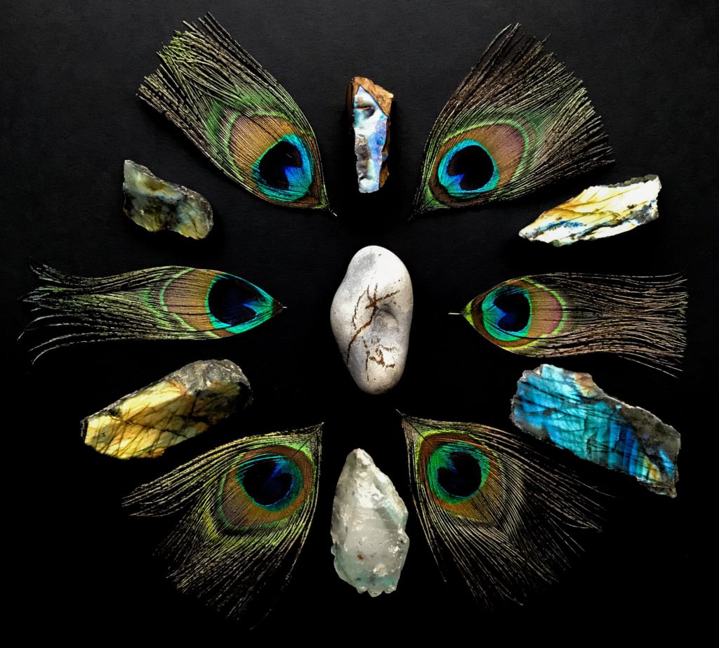 Rock found on the way home, Labradorite, Boulder Opal, Ajoite Quartz and Peacock Feathers