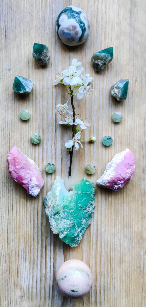 Chrysoprase, Beryl, Marble with Emerald, Pink Andean Opal, Green Quartz, Ocean Jasper and Plum Blossom