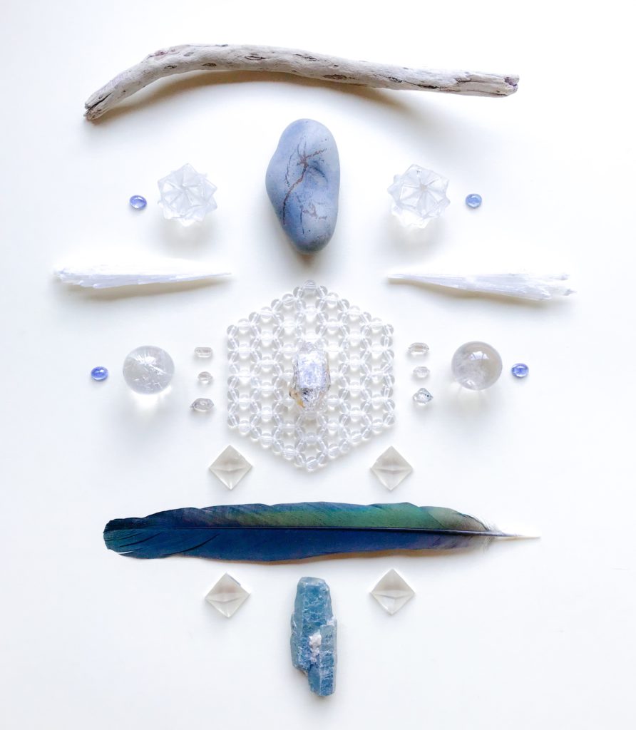 Herkimer Diamond, Quartz, Tanzanite, Sapphire, Rock found on the path of life, Scolecite, Gifted Wood branch and Found Feather