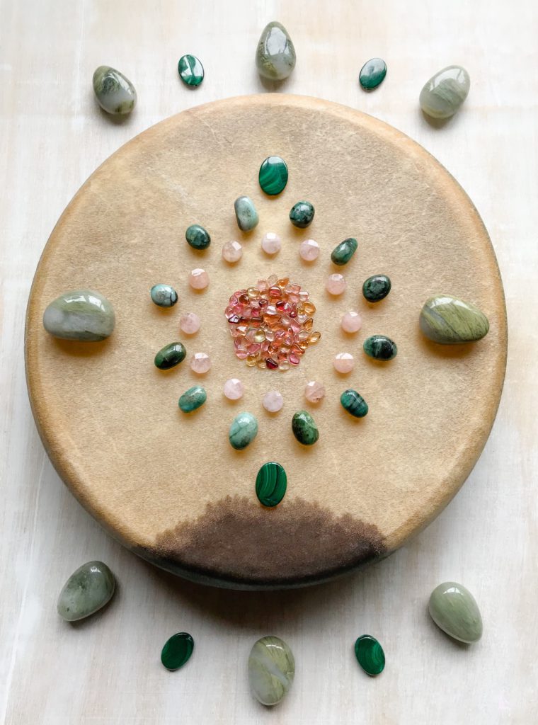 Tourmaline, Morganite, Emerald, Malachite and Chlorite Quartz upon a sacred drum