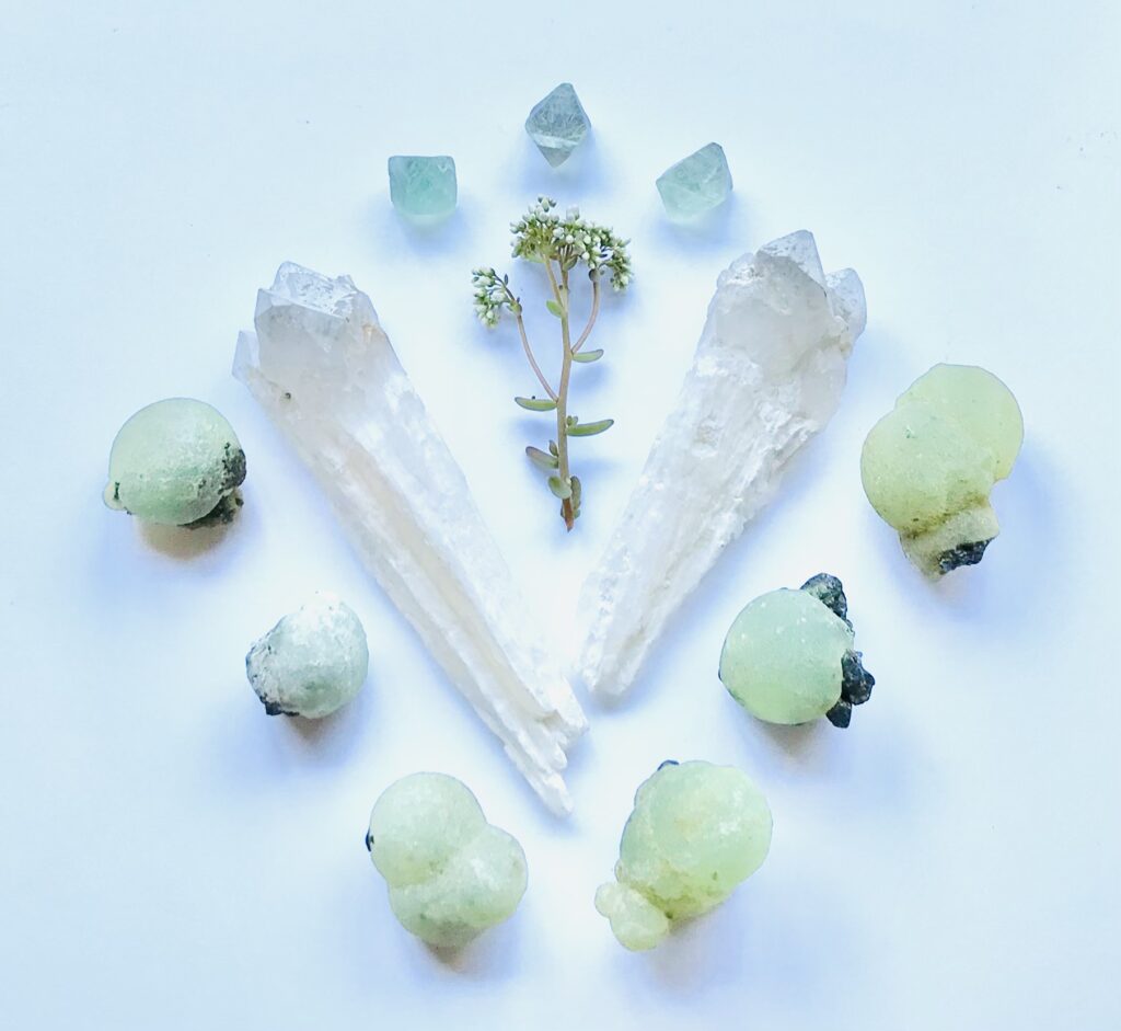 White Quartz, Prehnite with Epidote, Fluorite, Sedum