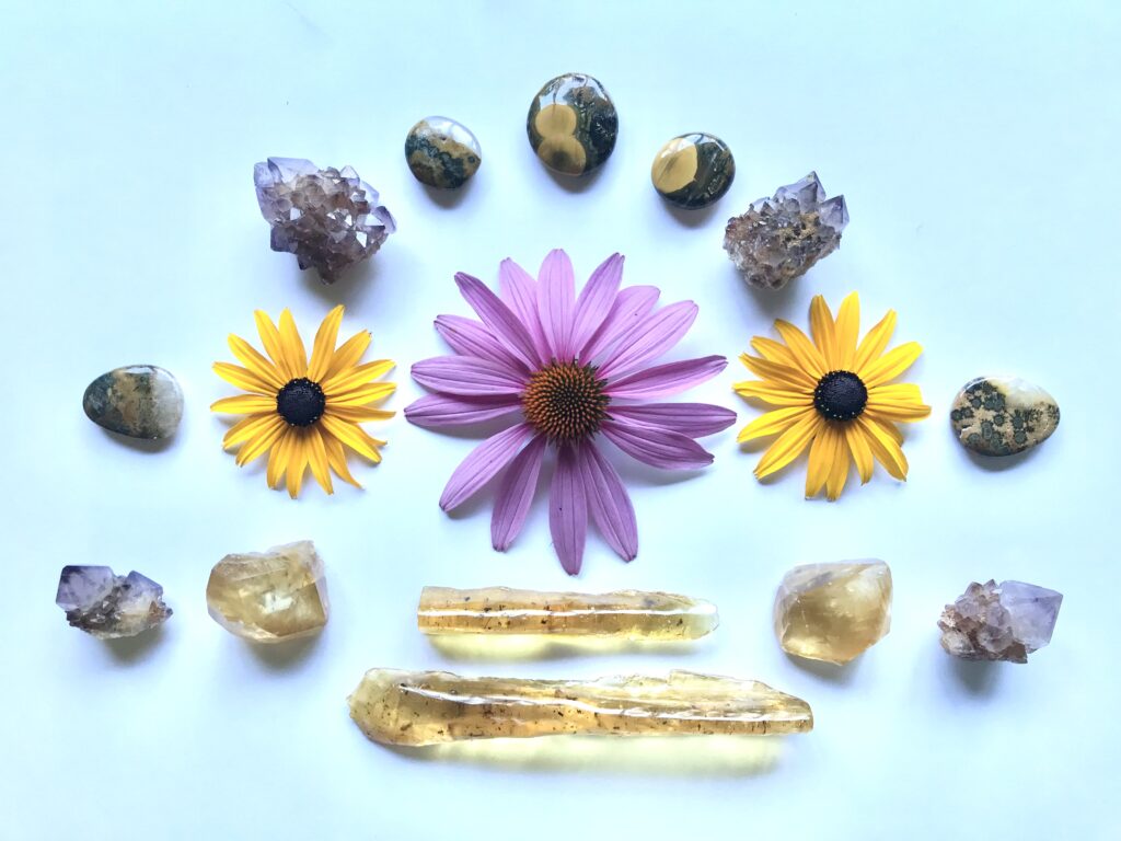 Golden Calcite, Amber, Cactus Amethyst, Bumblebee Jasper, Echinacea, Rudbeckia