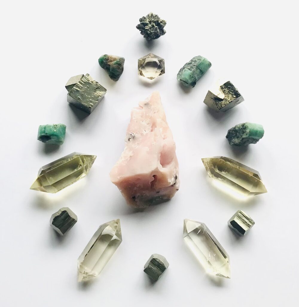 Pink Andean Opal, Citrine, Emerald, Pyrite, Marcasite