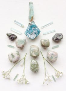 Smithsonite, Peace Jade, Aquamarine, Alexandrite and Gypsophila Flowers