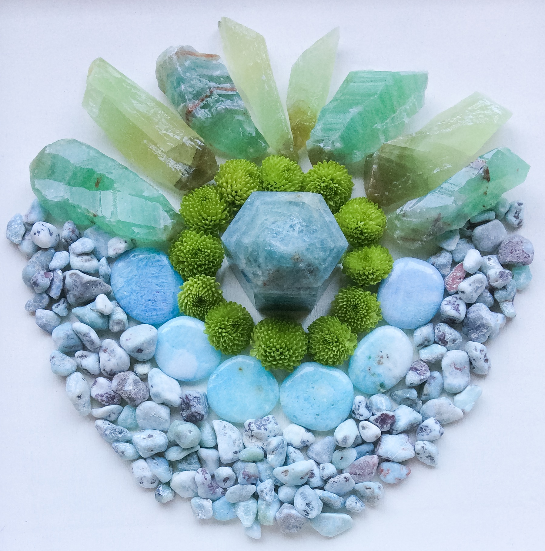 Aquamarine, Blue Aragonite, Larimar, Green Calcite and Chrysanthemum