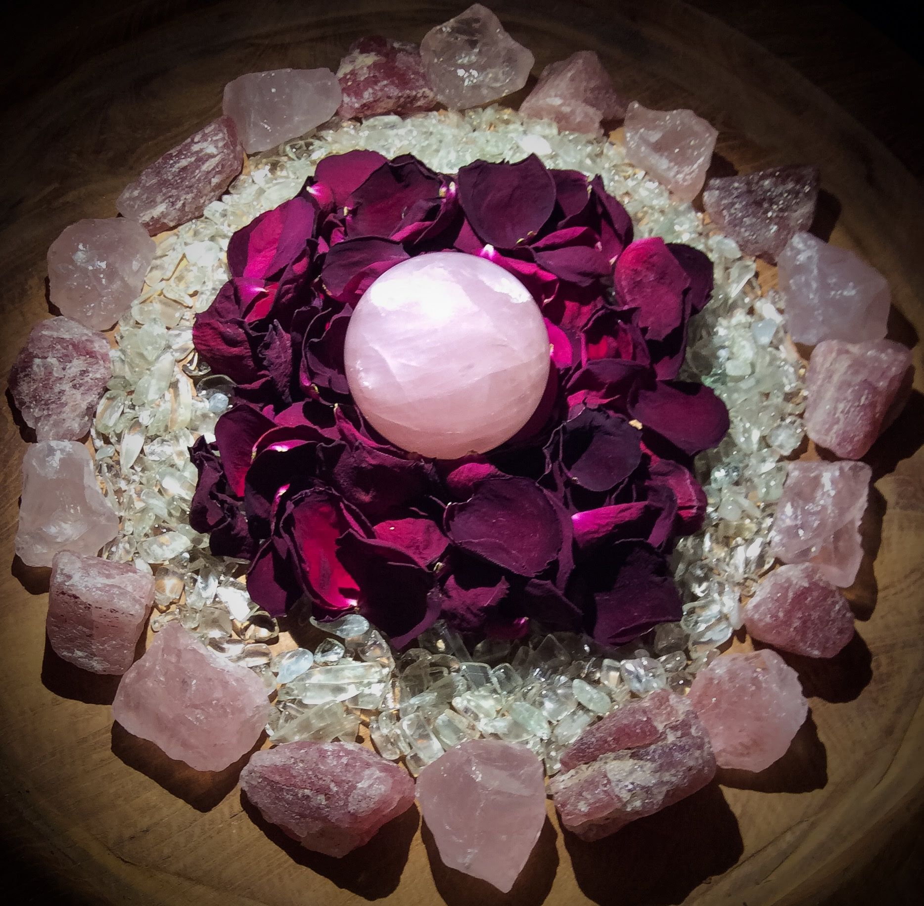 Hiddenite, Rose Quartz, Strawberry Quartz and dried Rose petals