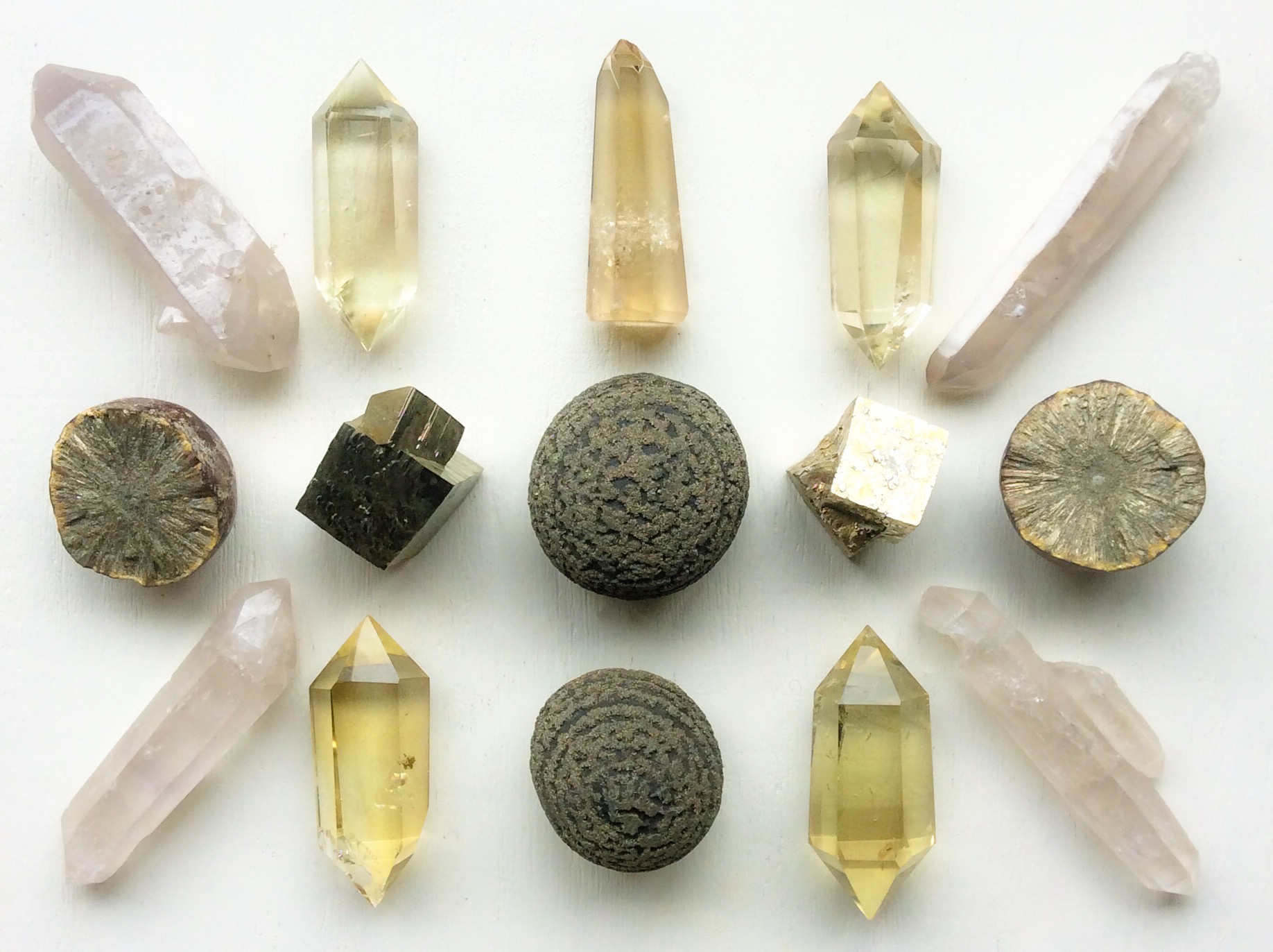 Concretised Pyrite, Pyrite, Marcasite, Citrine and Double-terminated Quartz