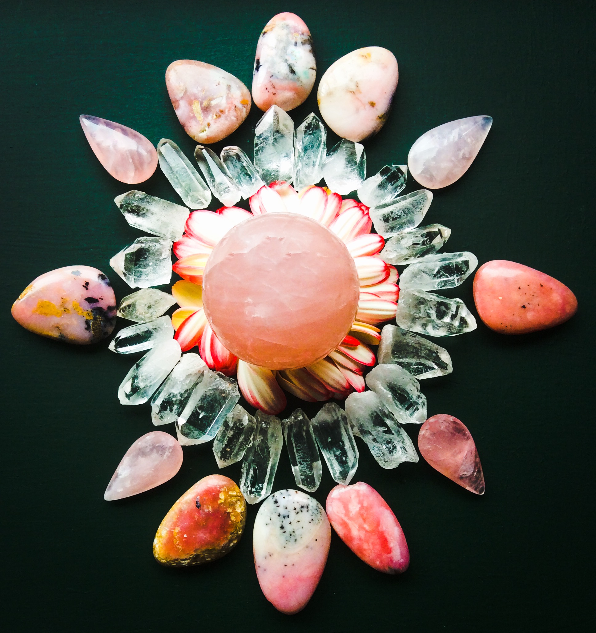 Rose Quartz, Pink Andean Opal, Quartz and Flower petals