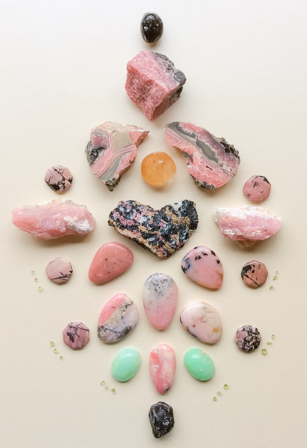 Eudialyte, Pink Andean Opal, Rhodonite, Rutile Quartz, Rodochrosite, Chrysoprase, Apache Tear and Peridot