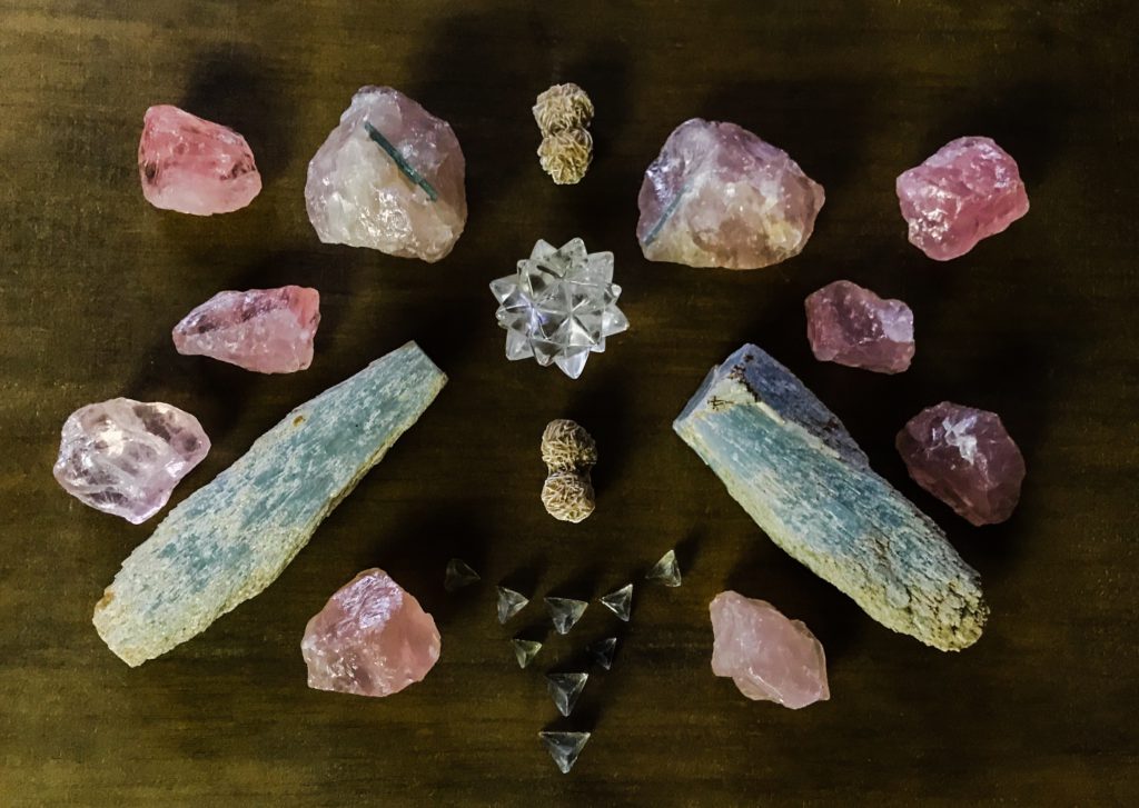 Quartz, Tourmaline in Rose Quartz, Desert Rose, Fluorite, Anhydrite and Rose Quartz