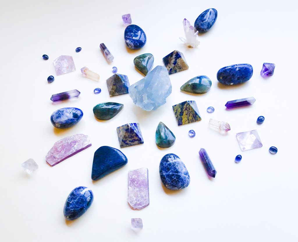 Celestine, Lapis Lazuli, Sodalite, Dumortierite, Labradorite, Amethyst, Fluorite and Lepidolite