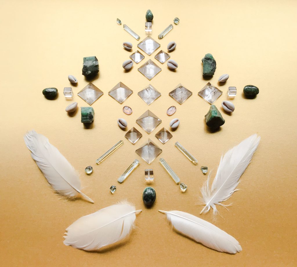 Quartz, Morganite, Emerald, Aquamarine, White Feathers and Cowry Shells