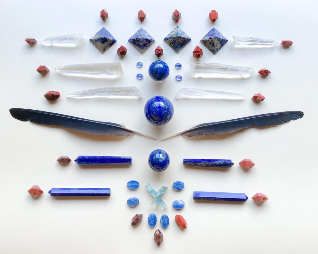 Lapis Lazuli, Tanzanite, Laser Quartz, Red Quartz, Aquamarine, Kyanite and Blackbird Feathers