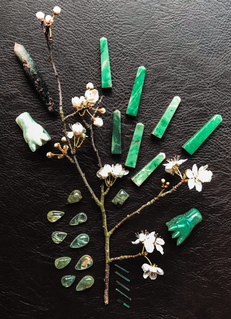 Chrysoprase, Phrenite with Epidote, Verdelite, Aventurine, Jade, Prasem and Plum blossom from our garden