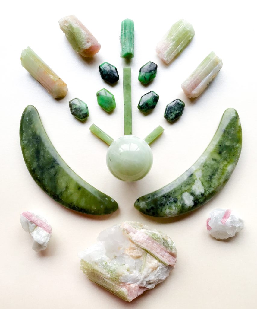 Jade, Nephrite, Serpentine, Emerald, Bi-colour Tourmaline and Tourmaline in Quartz