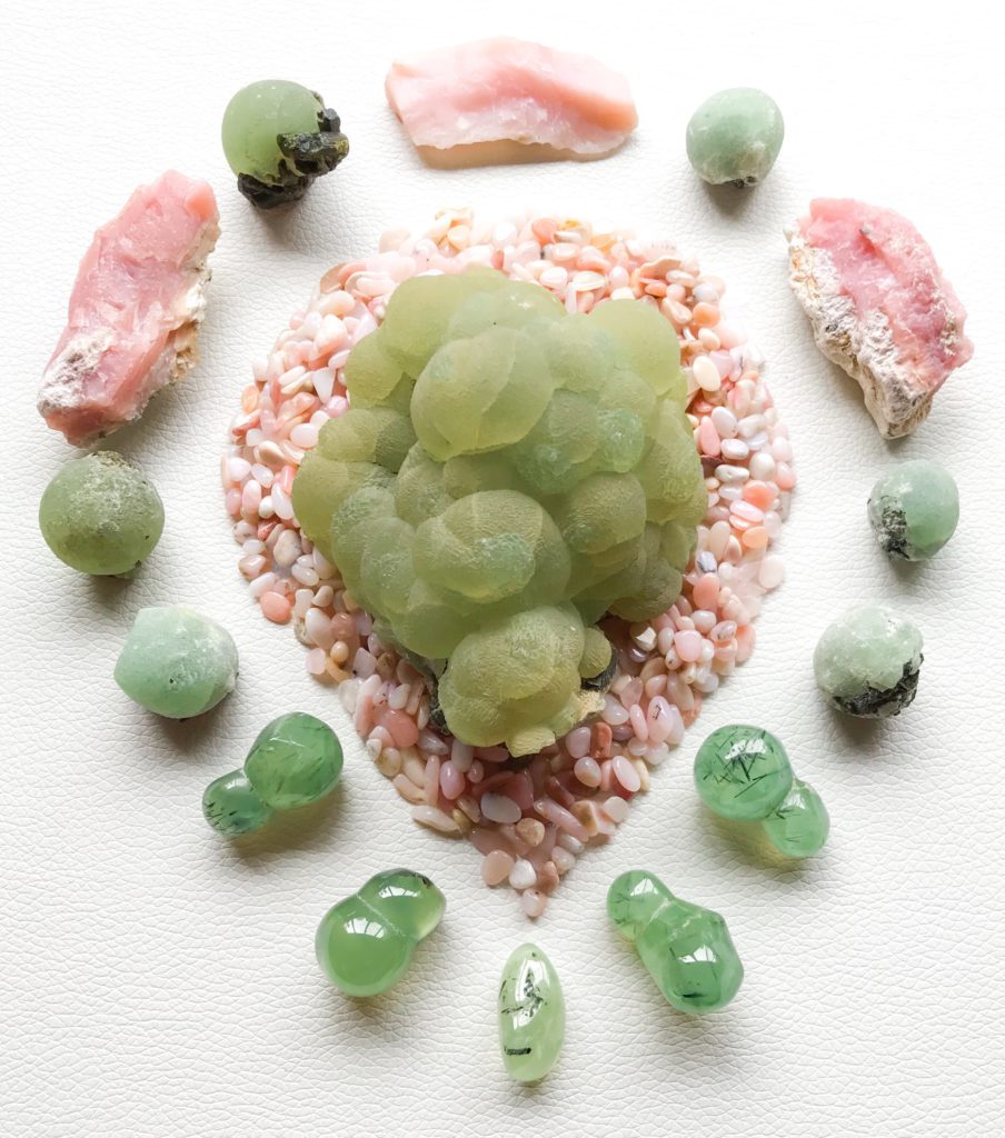 Phrenite, Pink Andean Opal, and Phrenite with Epidote