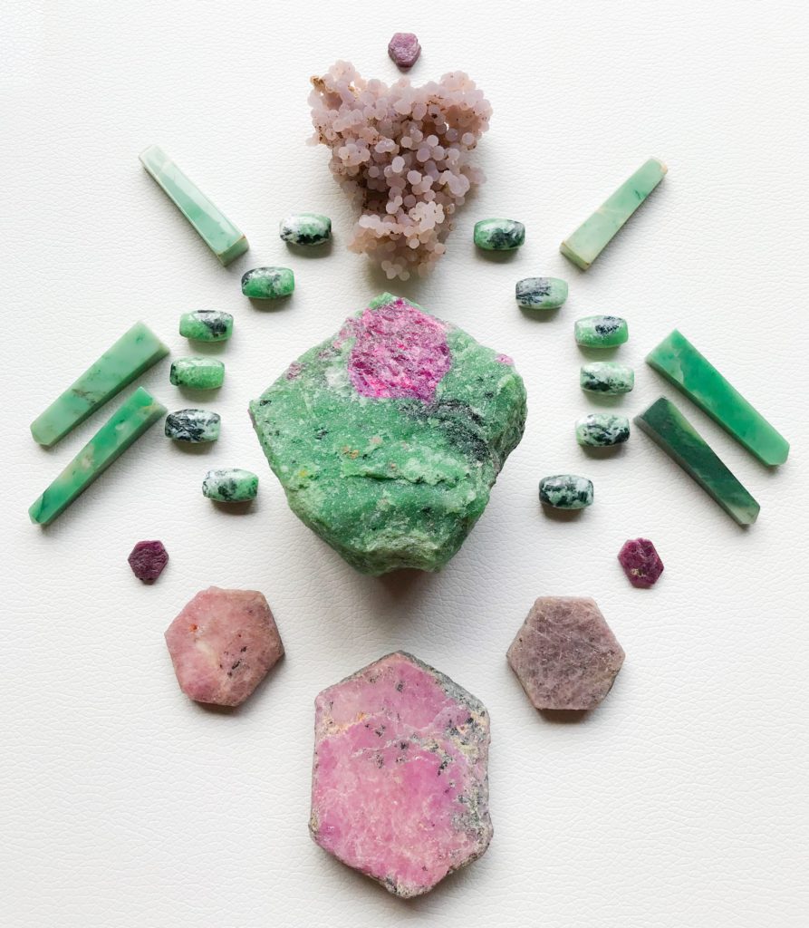 Ruby in Zoisite, Zoisite, Ruby, Chrysoprase and Grape Chalcedony