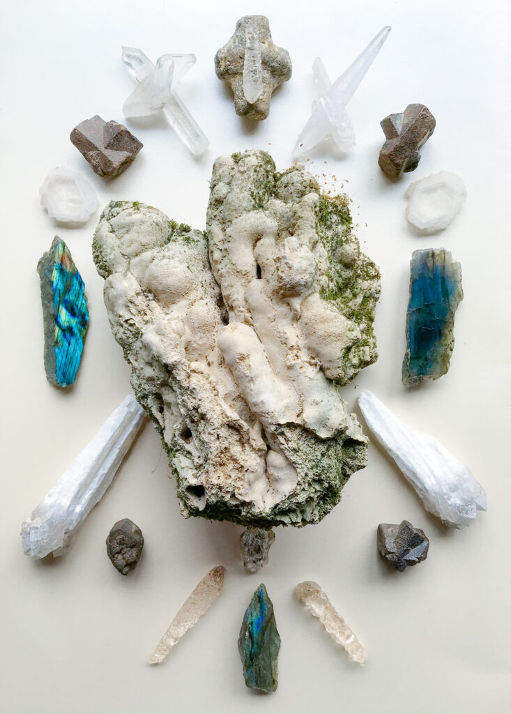 Tuff with Lichen, Labradorite, White Druid Quartz, Staurolite, Dissolved Quartz, Herkimer Diamond and Quartz