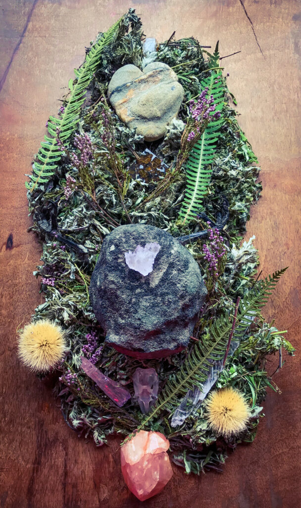 Natural Heart-shaped Stone with Hematite and Quartz veins received, Herkimer Diamond, Seycham Pallasite, Whale vertebra fossil, Kunzite, Crow claws, Quartz, Morganite upon a bed of dried sacred plant allies