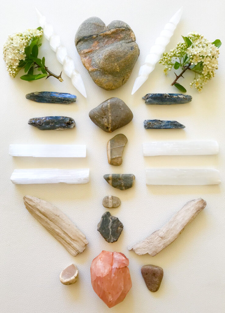 Natural heart-shaped stone with Hematite and Quartz veins received, Stones found on the daily confinement walks through the woods, Morganite, Kyanite, Selenite, Petrified Wood and Blossoms with Thorns of the Firethorn