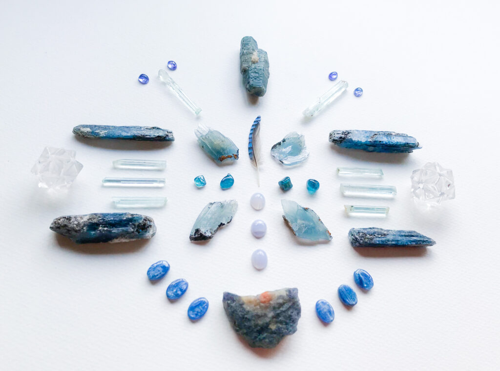 Indicolite, Blue Lace Agate, Barite, Jay Feather, Aquamarine, Kyanite, Sapphire, Quartz, Tanzanite, and Sunstone in Iolite