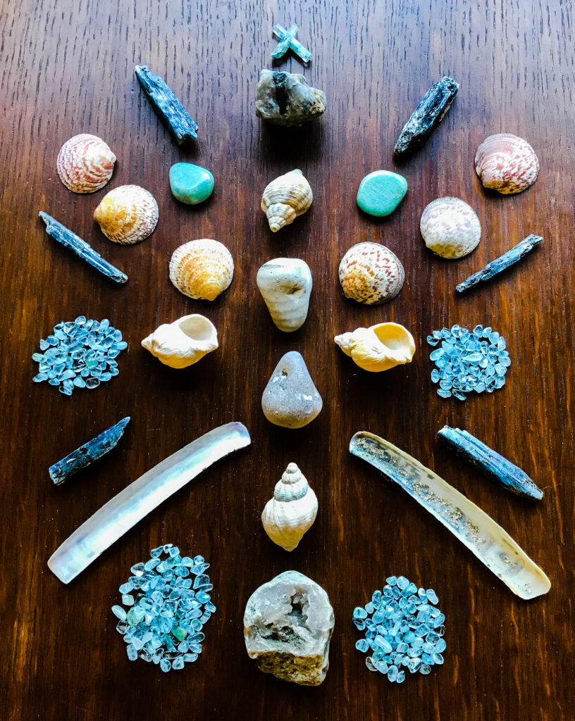 Quartz, Chalcedony, Agate, Tourmaline and Mica in Quartz, Shells - all sacred gifts from a precious friend, Amazonite, Aquamarine, and Kyanite