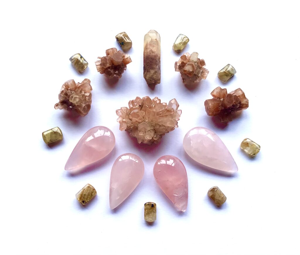 Calcite, Rose Quartz, Aragonite, Quartz with inclusions, Rutile Quartz
