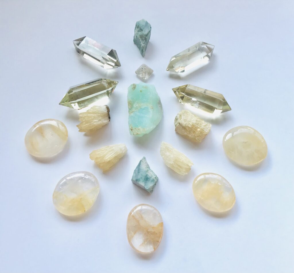 Blue Andean Opal, Rutile Quartz, Honey Calcite, Greenlandite, Citrine, Golden Healer Quartz